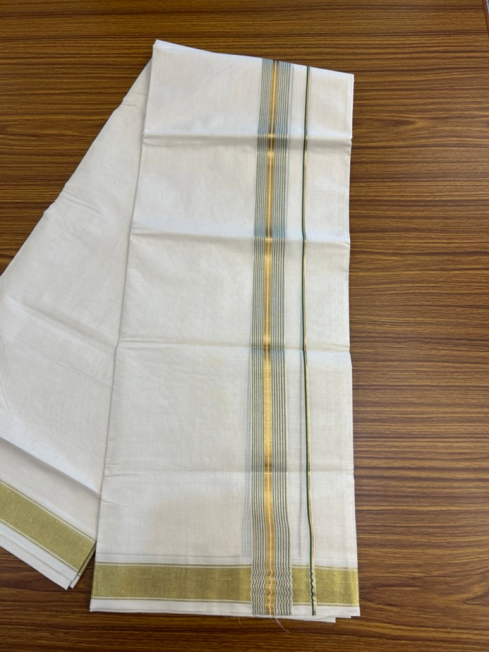 20% Discount! KaithariKada Balaramapuram 100% Cotton Double Off White - (Unbleached) Mundu/Dhoti - 80x80 - 1.5 inch Kasavu & Green stripes kara - 4 mtrs - 27 KK5281 GAN