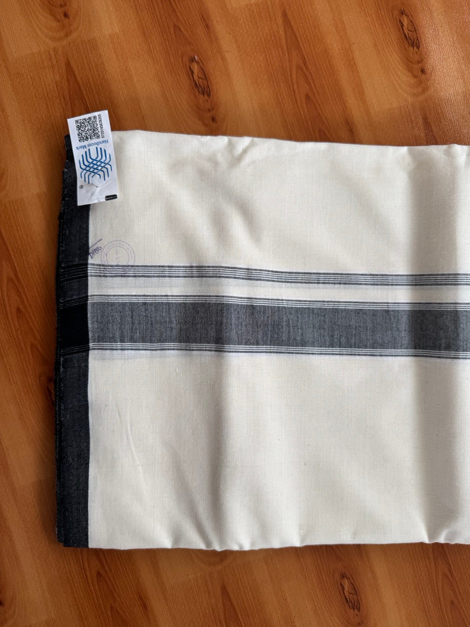 Double Off white -(2/ 120 x 120)- Kerala Handloom - Signature Kaitharikada - 100% Pure Cotton Unakkuppav Thread - Kerala Mundu / Dhoti - 2 inch Ash Black Striped Kara - 2 kk5492 kal