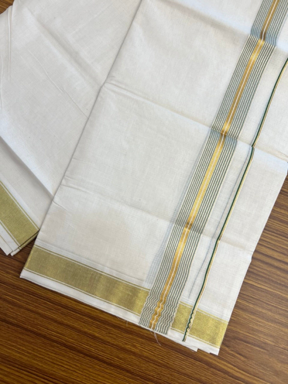 20% Discount! KaithariKada Balaramapuram 100% Cotton Double Off White - (Unbleached) Mundu/Dhoti - 80x80 - 1.5 inch Kasavu & Green stripes kara - 4 mtrs - 27 KK5281 GAN