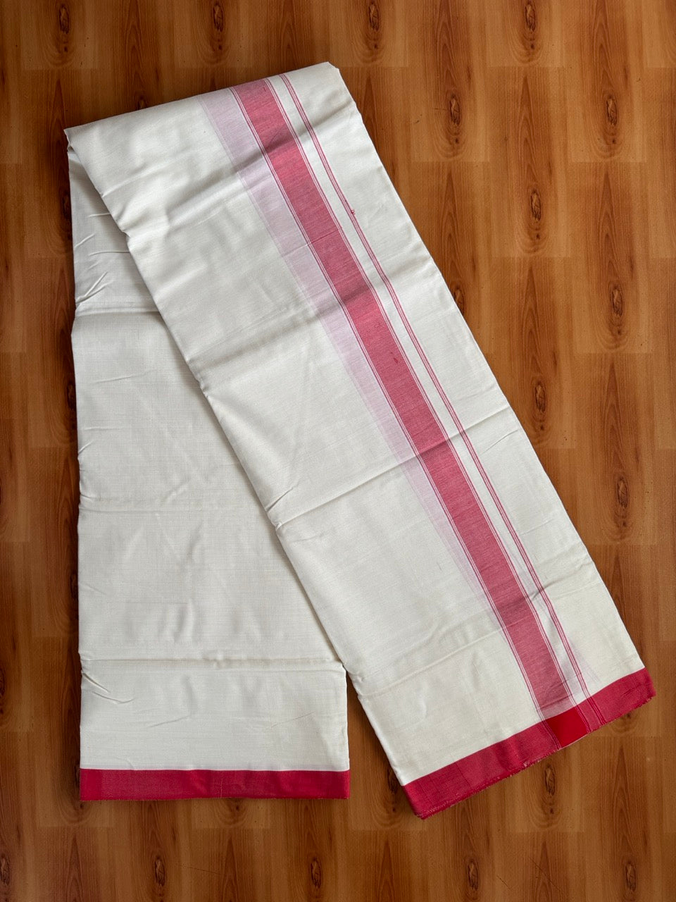 Double Off white -(2/ 120 x 120)- Kerala Handloom - Signature Kaitharikada - 100% Pure Cotton Unakkuppav Thread - Kerala Mundu / Dhoti - 1.25 inch Pink Red Striped Kara - 3 KK5492 KAL