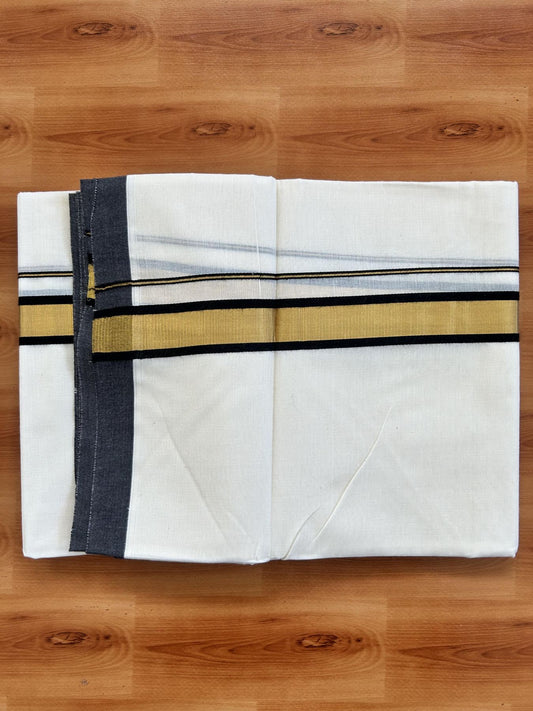 Double Off White - (Unbleached) Mundu/Dhoti - 20% Discount! KaithariKada Balaramapuram Pure Cotton - 80s - 1.25 inch Gold Kasav & Black Kara - 4 mtr (8.5 Muzham) - 36 KK5416 GAN