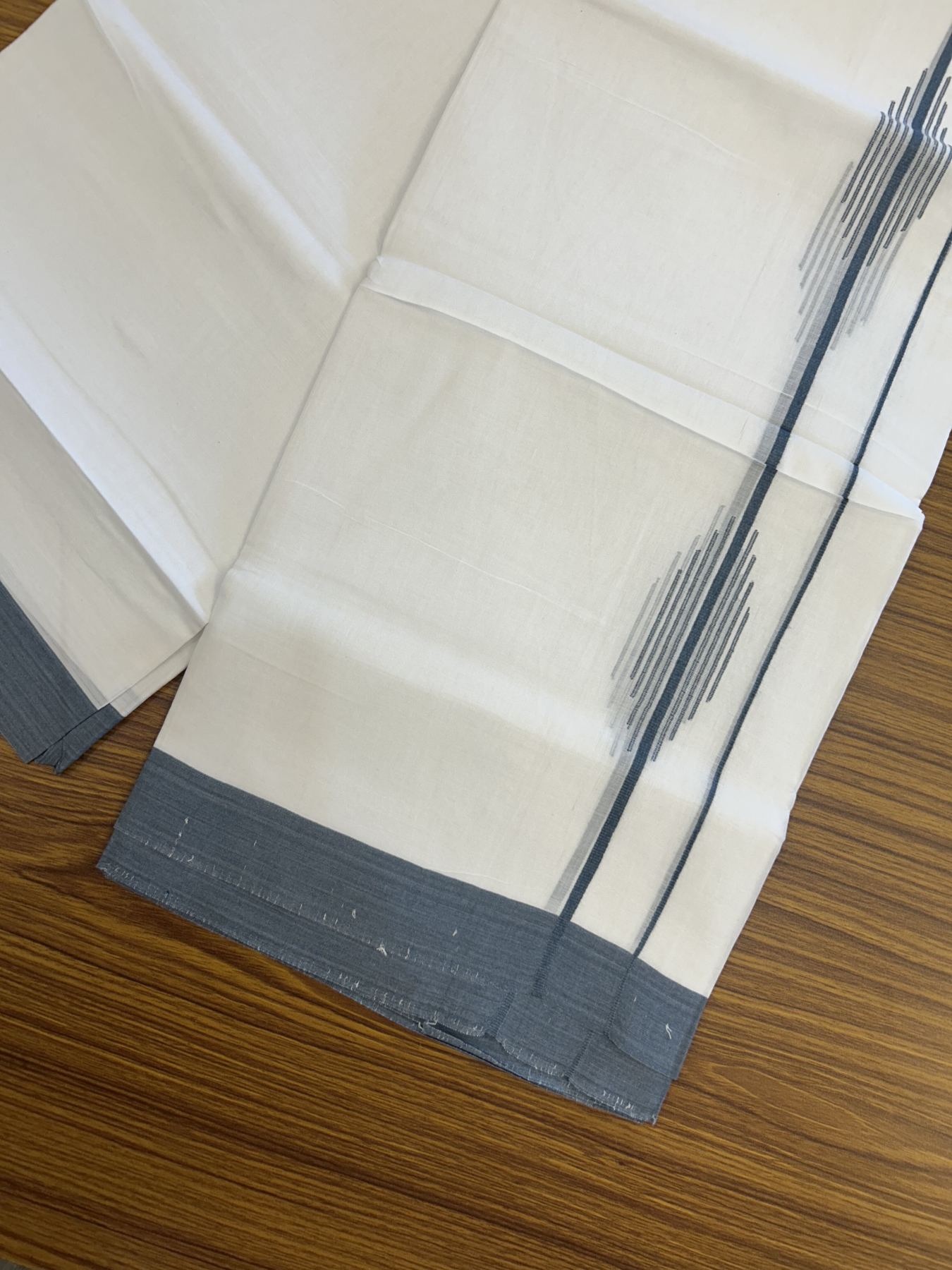 20% Discount ! Kaitharikada Balaramapuram 100% Cotton Pure White Double Mundu/Dothi - 100x80 - 1.5 inch Ash Blue Stripes Design Kara 3.80 mtr (8 muzham) - 39 KK5319 THI