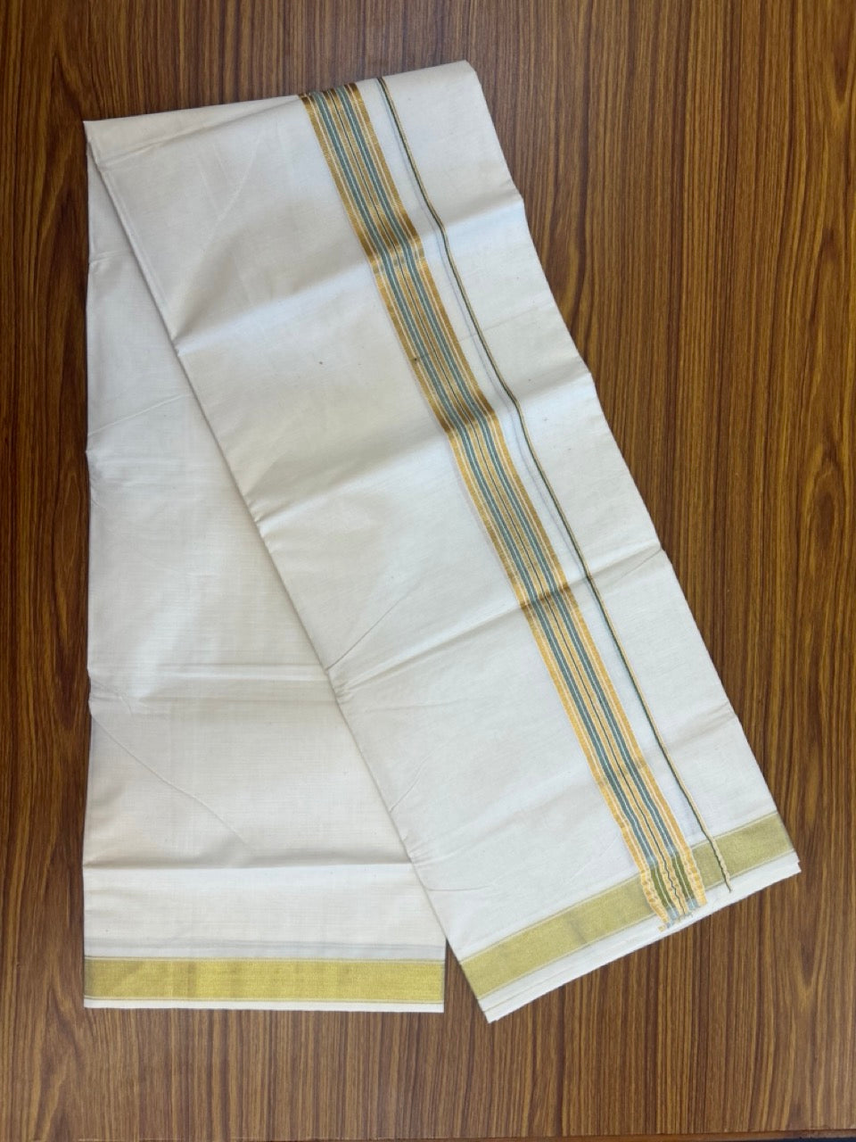 20% Discount! KaithariKada Balaramapuram 100% Cotton Double Off White - (Unbleached) Mundu/Dhoti - 80x80 - 1.5 inch Kasavu & Green shaded stripes kara - 4 mtrs - 25 KK5281 GAN