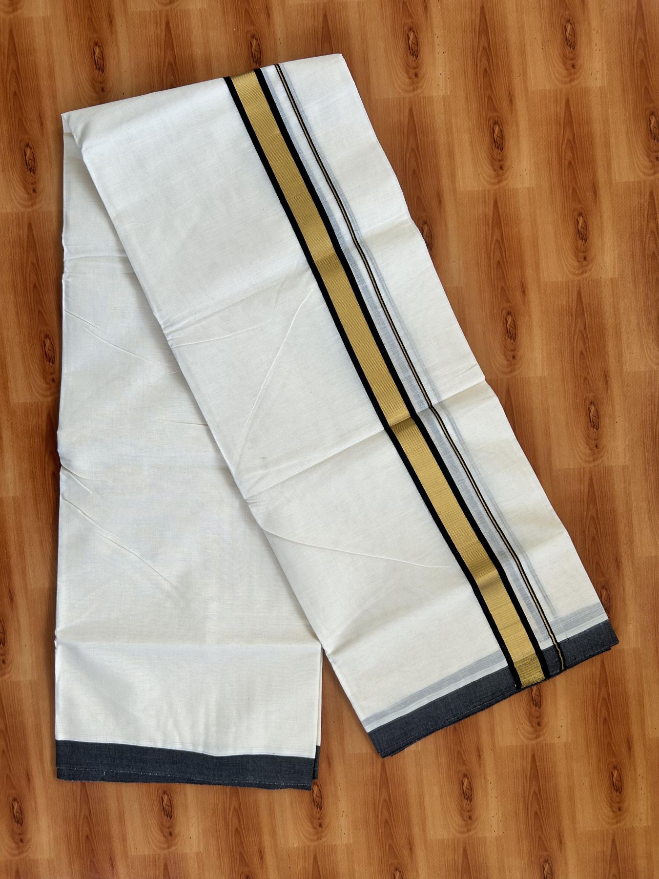 Double Off White - (Unbleached) Mundu/Dhoti - 20% Discount! KaithariKada Balaramapuram Pure Cotton - 80s - 1.25 inch Gold Kasav & Black Kara - 4 mtr (8.5 Muzham) - 36 KK5416 GAN