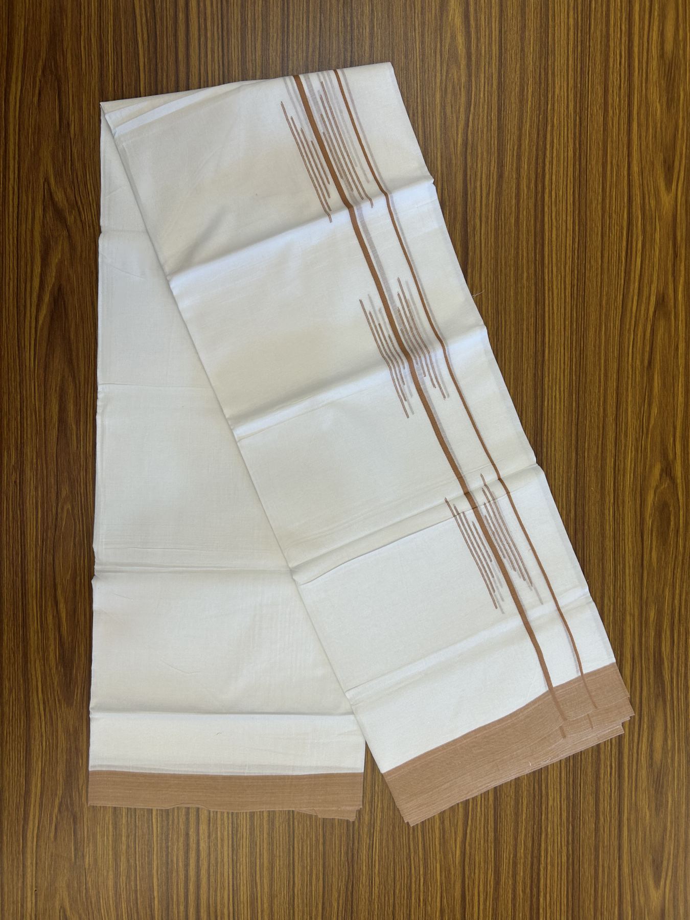 20% Discount ! Kaitharikada Balaramapuram 100% Cotton Pure White Double Mundu/Dothi - 100x80 - 1.5 inch Brownish Orange Stripes Design Kara 3.80 mtr (8 muzham) - 15 KK5319 THI