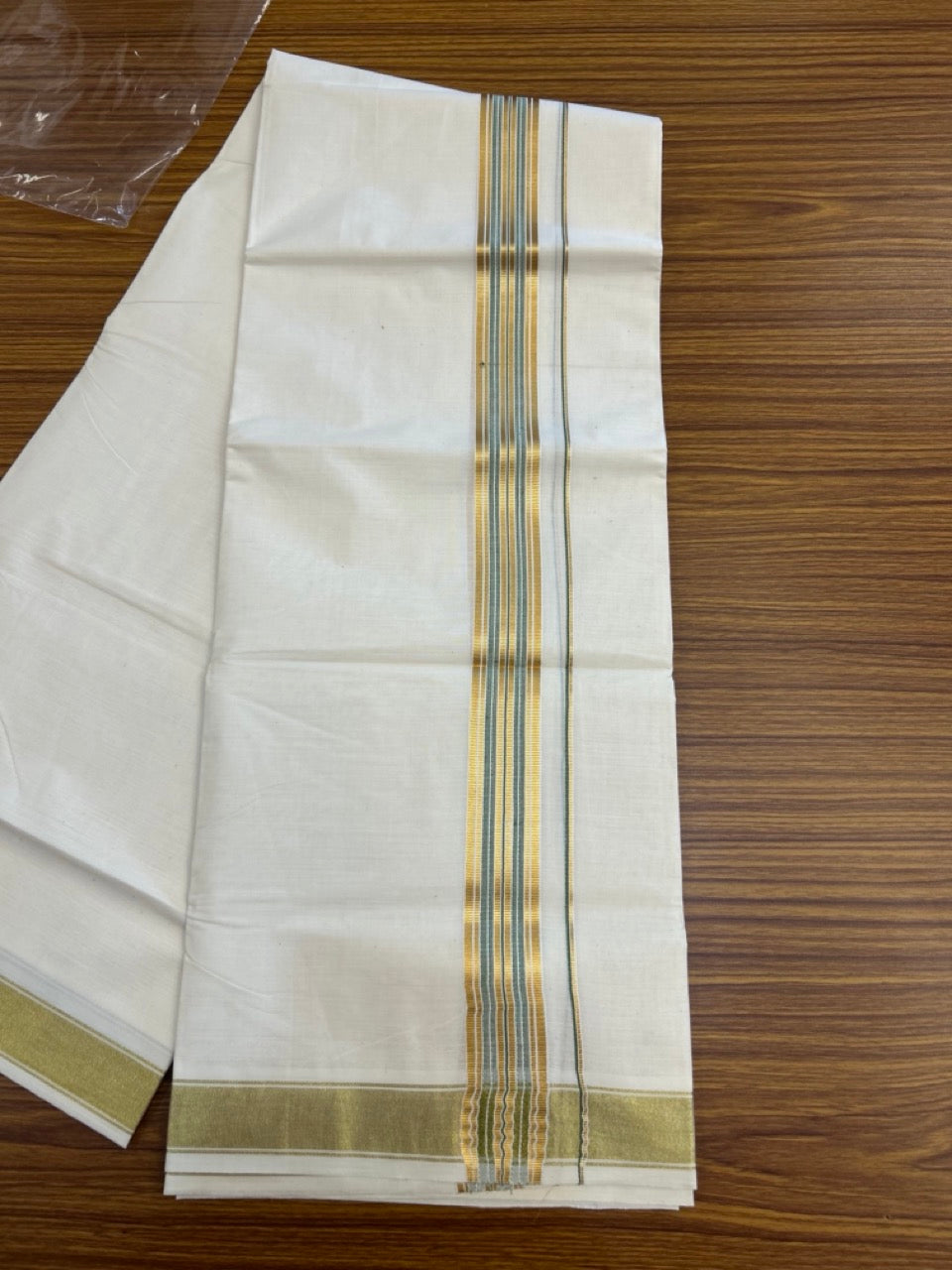 20% Discount! KaithariKada Balaramapuram 100% Cotton Double Off White - (Unbleached) Mundu/Dhoti - 80x80 - 1.5 inch Kasavu & Green shaded stripes kara - 4 mtrs - 25 KK5281 GAN