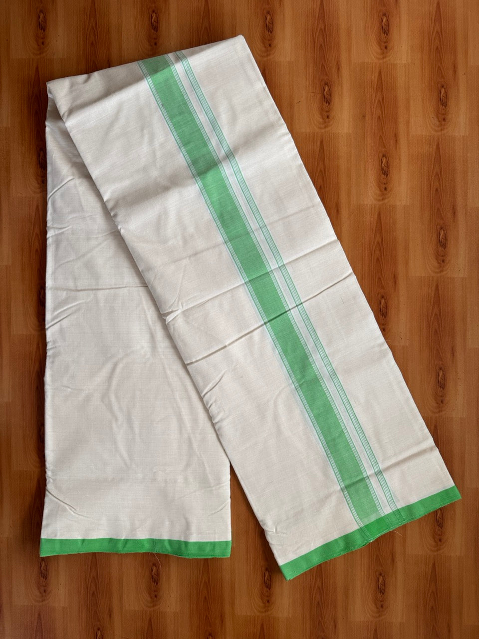 Double Off white -(2/ 120 x 120)- Kerala Handloom - Signature Kaitharikada - 100% Pure Cotton Unakkuppav Thread - Kerala Mundu / Dhoti - 1.25 inch Parrot Green Striped Kara - 4 KK5492 KAL
