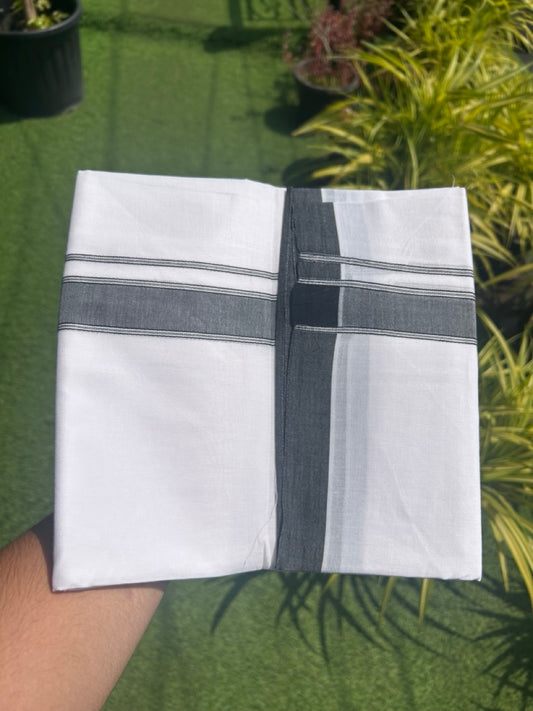 22% Discount ! KaithariKada Balaramapuram 100% Cotton Double PURE WHITE - Mundu/Dhoti- 100x100 - 1.75 inch ASH BLACK Side Stripes Kara.- 1KK5127ASH