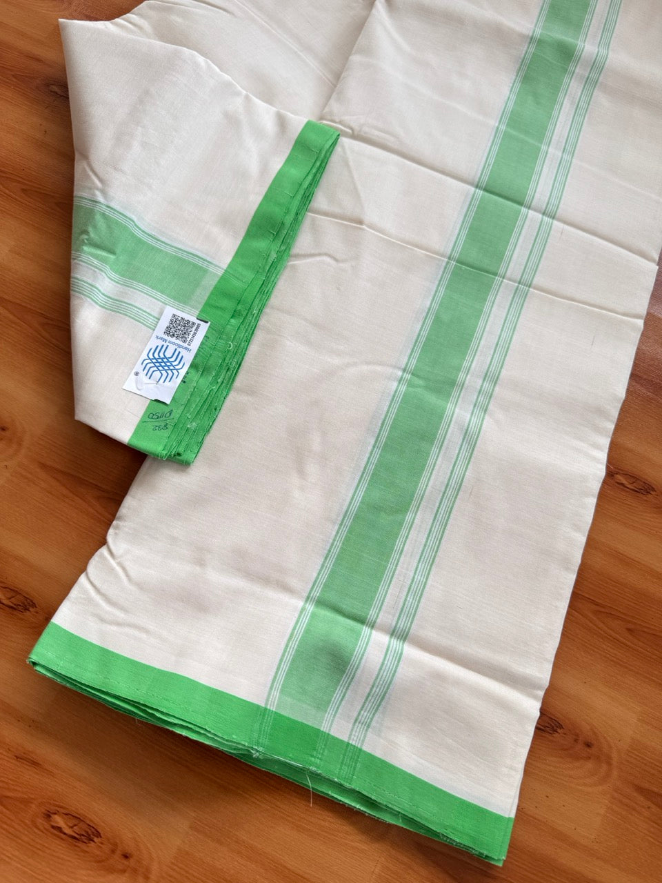 Double Off white -(2/ 120 x 120)- Kerala Handloom - Signature Kaitharikada - 100% Pure Cotton Unakkuppav Thread - Kerala Mundu / Dhoti - 1.25 inch Parrot Green Striped Kara - 4 KK5492 KAL