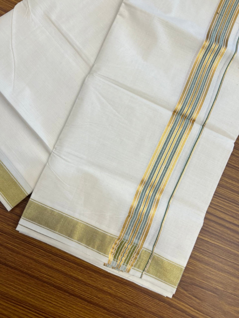 20% Discount! KaithariKada Balaramapuram 100% Cotton Double Off White - (Unbleached) Mundu/Dhoti - 80x80 - 1.5 inch Kasavu & Green shaded stripes kara - 4 mtrs - 25 KK5281 GAN