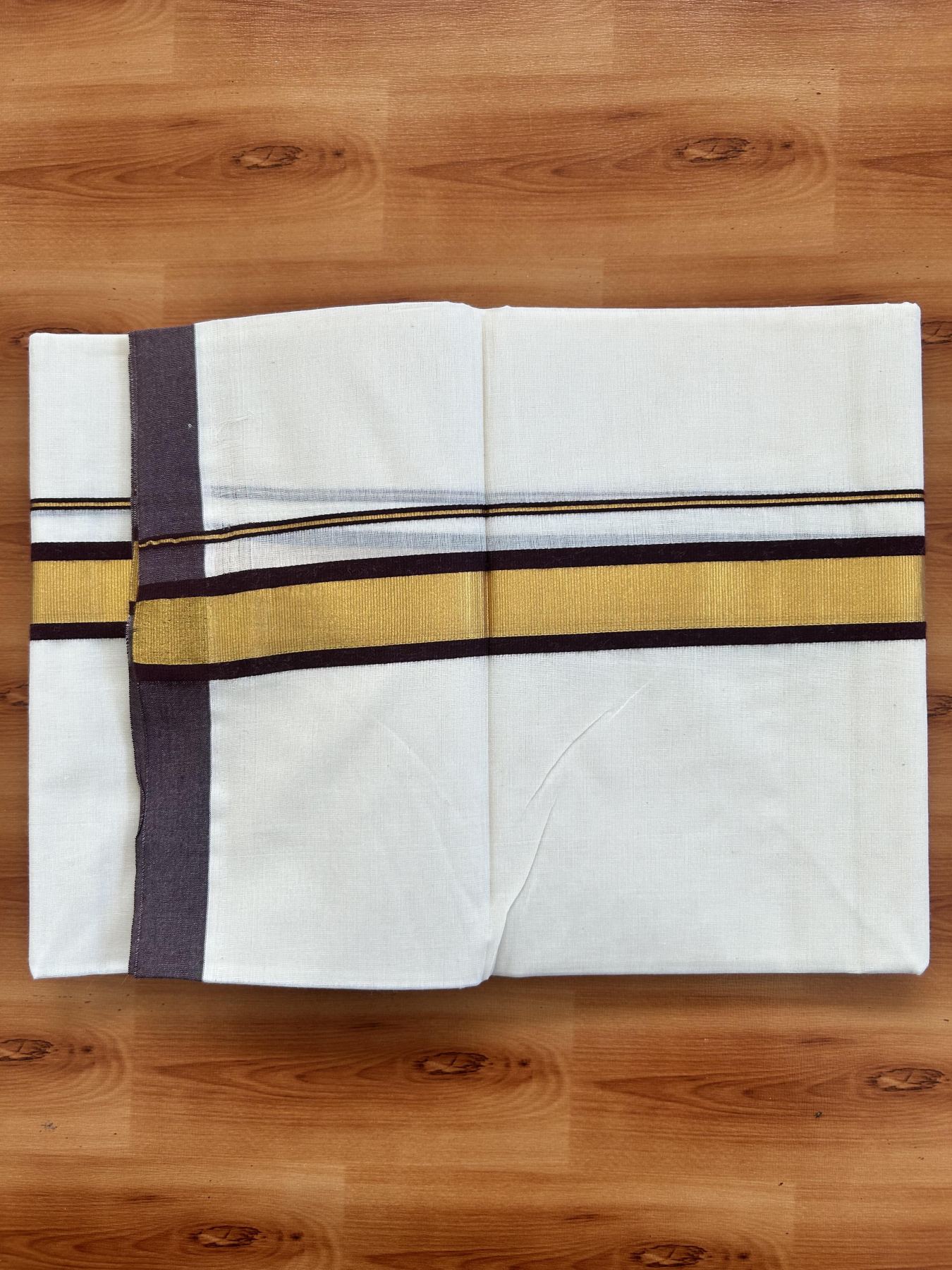 Double Off White - (Unbleached) Mundu/Dhoti - 20% Discount! KaithariKada Balaramapuram Pure Cotton - 80s - 1.25 inch Gold Kasav & Brown Kara - 4 mtr (8.5 Muzham) - 35 KK5416 GAN
