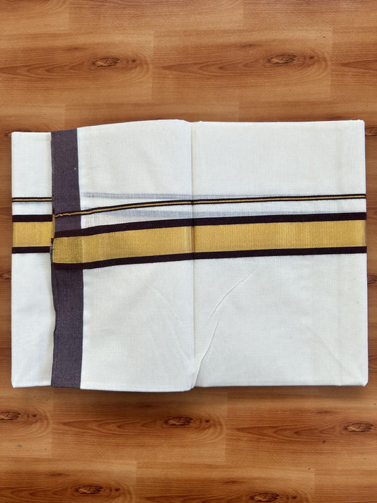 Double Off White - (Unbleached) Mundu/Dhoti - 20% Discount! KaithariKada Balaramapuram Pure Cotton - 80s - 1.25 inch Gold Kasav & Brown Kara - 4 mtr (8.5 Muzham) - 35 KK5416 GAN