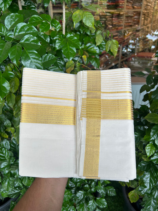 25% Discount ! KaithariKada Handloom Unakkupaav Kerala Handloom - 100% Pure Cotton Off White (Unbleached) Double Mundu/Dhoti - 100x80 - 7 Inch Gold kasav Side Stripes Kara 4 mtr (8.5 muzham) - 25 KK5352 ABH
