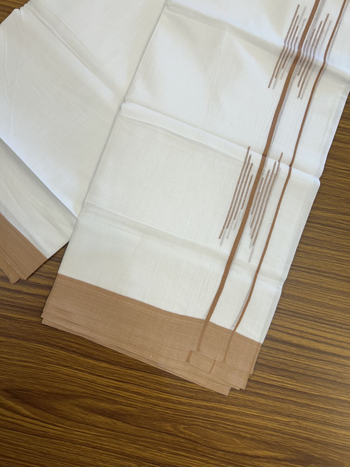 20% Discount ! Kaitharikada Balaramapuram 100% Cotton Pure White Double Mundu/Dothi - 100x80 - 1.5 inch Brownish Orange Stripes Design Kara 3.80 mtr (8 muzham) - 15 KK5319 THI