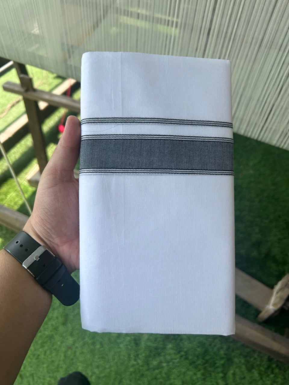 22% Discount ! KaithariKada Balaramapuram 100% Cotton Double PURE WHITE - Mundu/Dhoti- 100x100 - 1.75 inch ASH BLACK Side Stripes Kara.- 1KK5127ASH