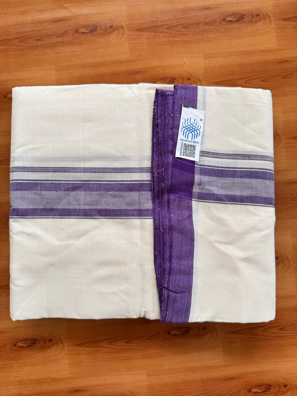 Double Off white -(2/ 120 x 120)- Kerala Handloom - Signature Kaitharikada - 100% Pure Cotton Unakkuppav Thread - Kerala Mundu / Dhoti - 1.5 inch Violet Striped Kara - 5 KK5492 KAL