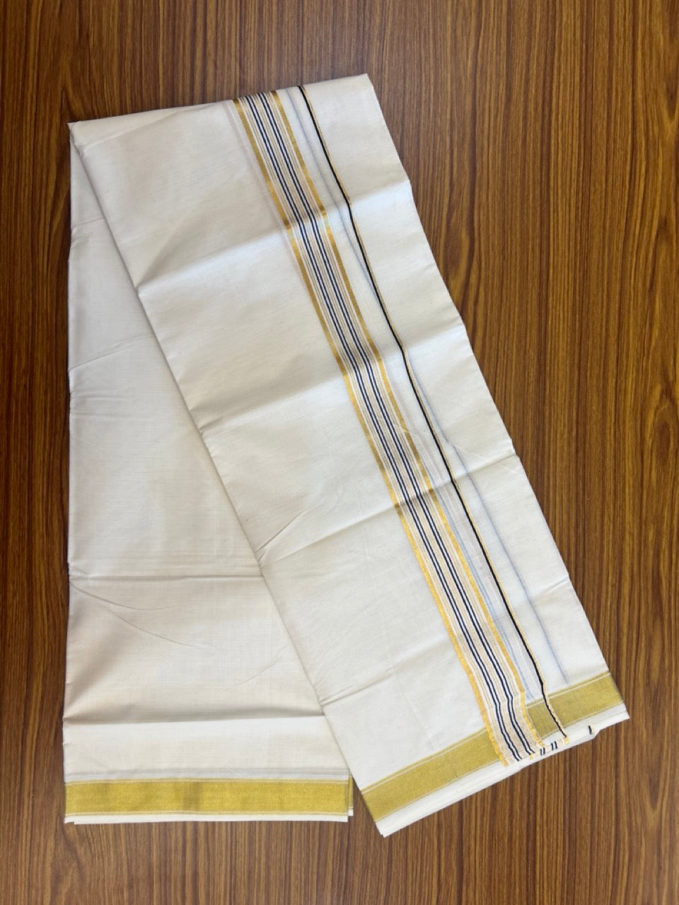 20% Discount! KaithariKada Balaramapuram 100% Cotton Double Off White - (Unbleached) Mundu/Dhoti - 80x80 - 1.5 inch Kasavu & Black stripes kara - 4 mtrs - 28 KK5281 GAN