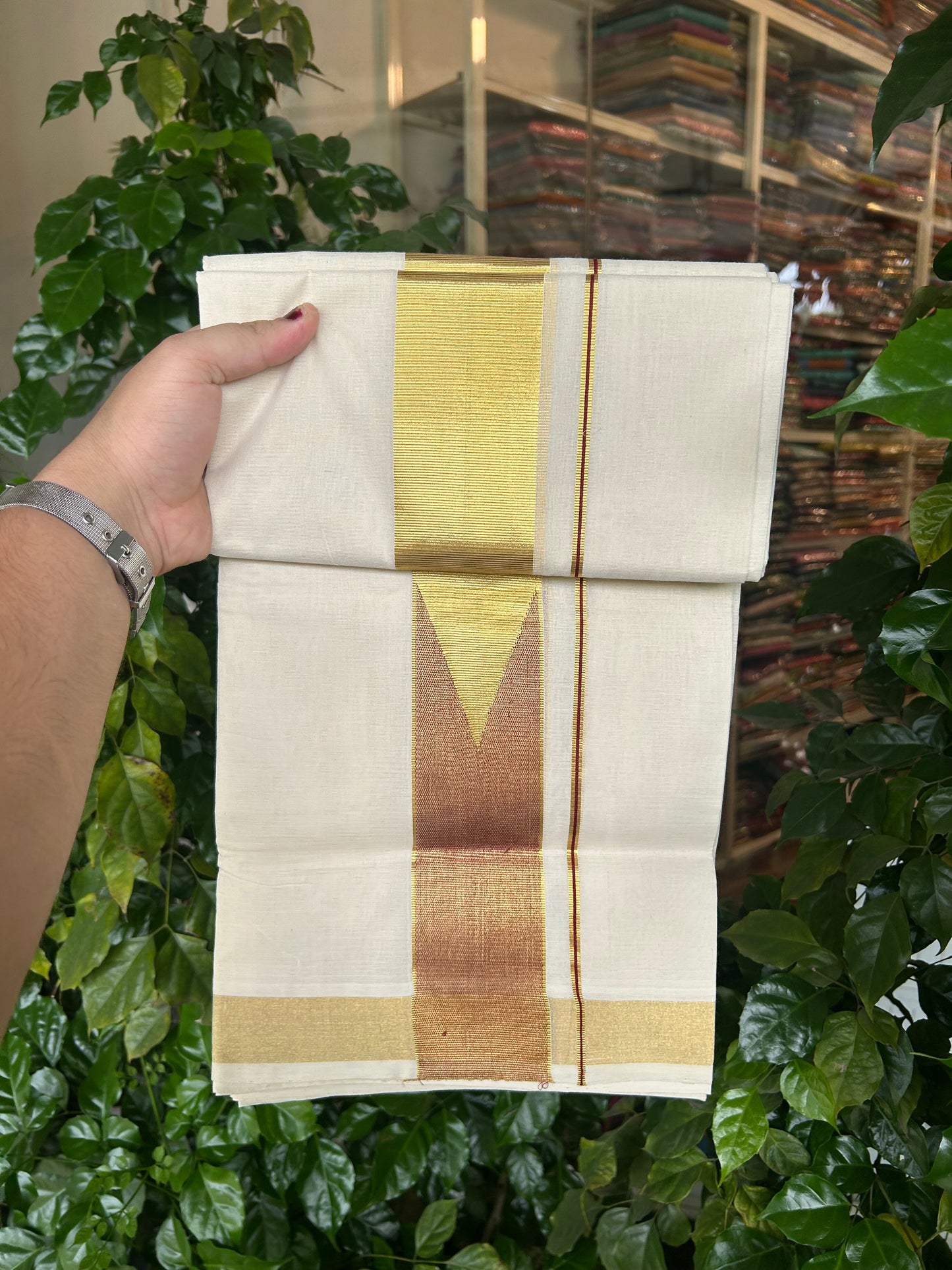 25% Discount ! KaithariKada Handloom Unakkupaav Kerala Handloom - 100% Pure Cotton Off White - (Unbleached) Double Mundu/Dhoti - 100x80 - 2.5 Inch Gold Kasav & Maroon Chutty kara 4 mtr( 8.5 muzham) - 30 KK5352 ABH