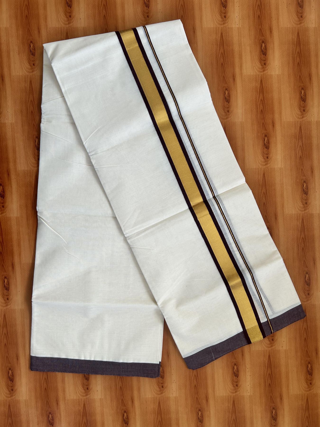 Double Off White - (Unbleached) Mundu/Dhoti - 20% Discount! KaithariKada Balaramapuram Pure Cotton - 80s - 1.25 inch Gold Kasav & Brown Kara - 4 mtr (8.5 Muzham) - 35 KK5416 GAN
