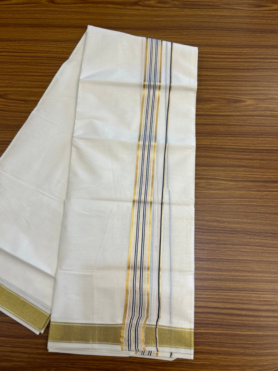 20% Discount! KaithariKada Balaramapuram 100% Cotton Double Off White - (Unbleached) Mundu/Dhoti - 80x80 - 1.5 inch Kasavu & Black stripes kara - 4 mtrs - 28 KK5281 GAN