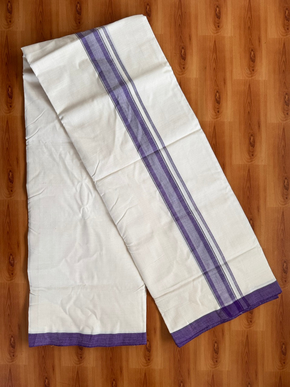 Double Off white -(2/ 120 x 120)- Kerala Handloom - Signature Kaitharikada - 100% Pure Cotton Unakkuppav Thread - Kerala Mundu / Dhoti - 1.5 inch Violet Striped Kara - 5 KK5492 KAL