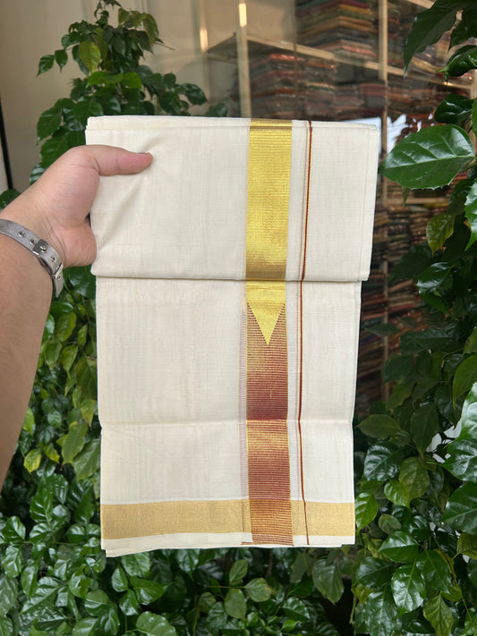 25% Discount ! KaithariKada Handloom Unakkupaav Kerala Handloom - 100% Pure Cotton Off White - (Unbleached) Double Mundu/Dhoti - 100x80 - 1.5 Inch Gold Kasav & Maroon Chutty kara 4 mtr( 8.5 muzham) - 29 KK5352 ABH