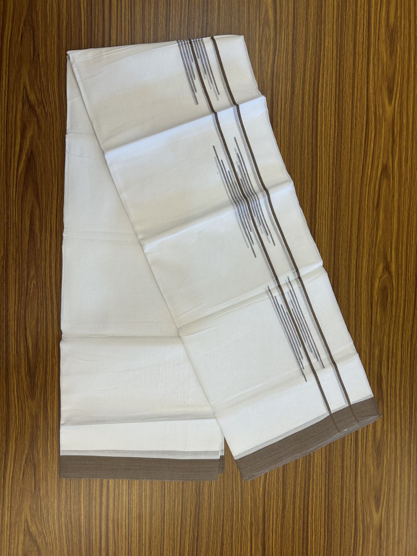 20% Discount ! Kaitharikada Balaramapuram 100% Cotton Pure White Double Mundu/Dothi - 100x80 - 1.5 inch Dark Brown & Multi colour Stripes Design Kara 3.80 mtr (8 muzham) - 21 KK5319 THI