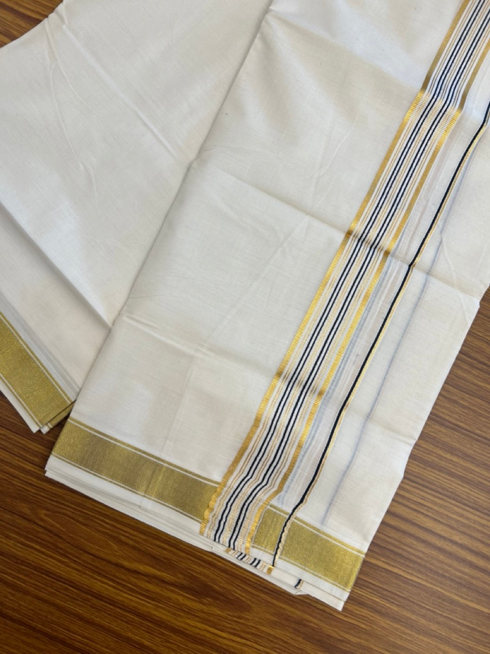 20% Discount! KaithariKada Balaramapuram 100% Cotton Double Off White - (Unbleached) Mundu/Dhoti - 80x80 - 1.5 inch Kasavu & Black stripes kara - 4 mtrs - 28 KK5281 GAN