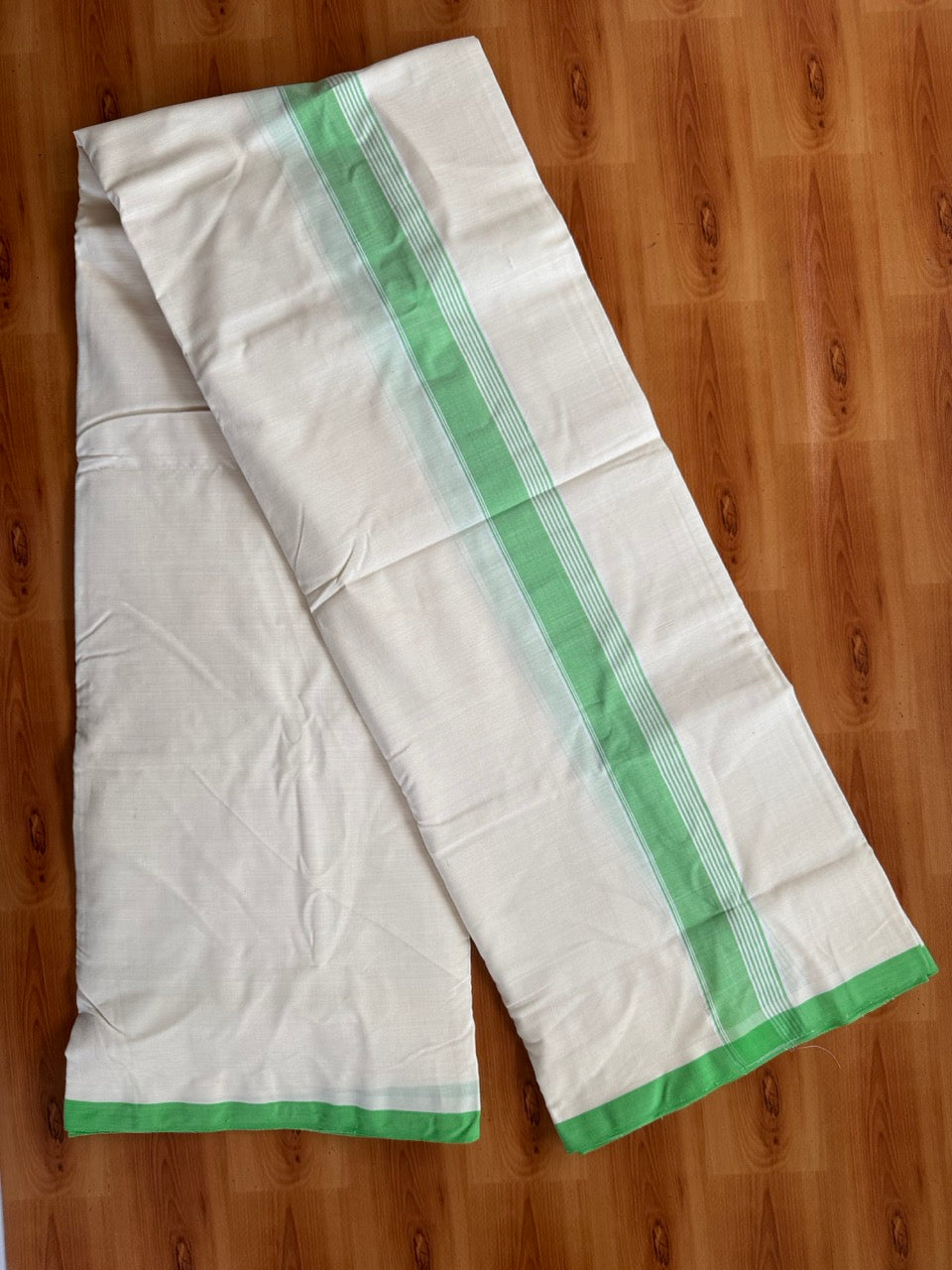 Double Off white -(2/ 120 x 120)- Kerala Handloom - Signature Kaitharikada - 100% Pure Cotton Unakkuppav Thread - Kerala Mundu / Dhoti - 1.75 inch Parrot Green Kara - 6 KK5492 KAL