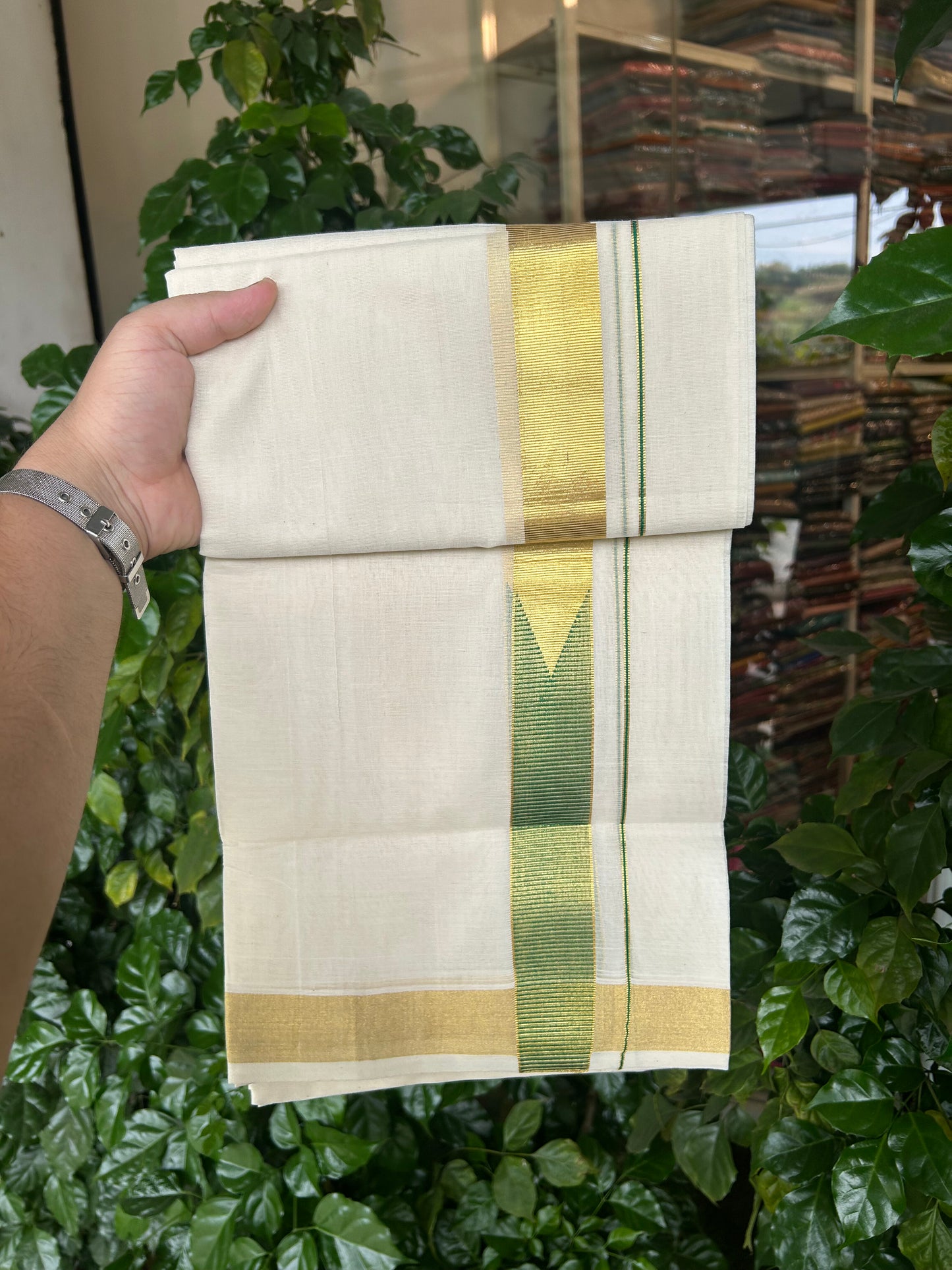 25% Discount ! KaithariKada Handloom Unakkupaav Kerala Handloom - 100% Pure Cotton Off White - (Unbleached) Double Mundu/Dhoti - 100x80 - 1.5 Inch Gold Kasav & Green Chutty kara 4 mtr( 8.5 muzham) - 28 KK5352 ABH