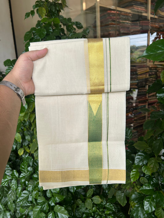 25% Discount ! KaithariKada Handloom Unakkupaav Kerala Handloom - 100% Pure Cotton Off White - (Unbleached) Double Mundu/Dhoti - 100x80 - 1.5 Inch Gold Kasav & Green Chutty kara 4 mtr( 8.5 muzham) - 28 KK5352 ABH