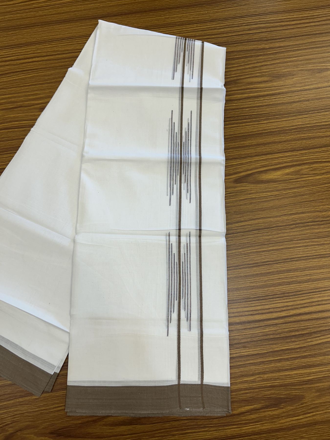20% Discount ! Kaitharikada Balaramapuram 100% Cotton Pure White Double Mundu/Dothi - 100x80 - 1.5 inch Dark Brown & Multi colour Stripes Design Kara 3.80 mtr (8 muzham) - 21 KK5319 THI