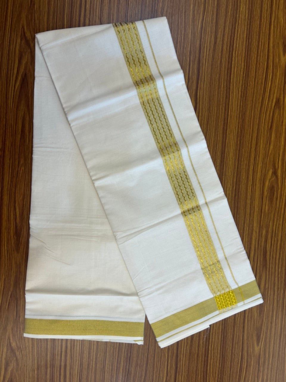 KaithariKada Balaramapuram Pure Cotton DOUBLE OFF WHITE - (Ubleached) Mundu/Dhoti - 60s - 1.5 inch Gold Kasav Jacquard Design Kara 4 mtr (8.5 muzham) - 10 KK5281 GAN