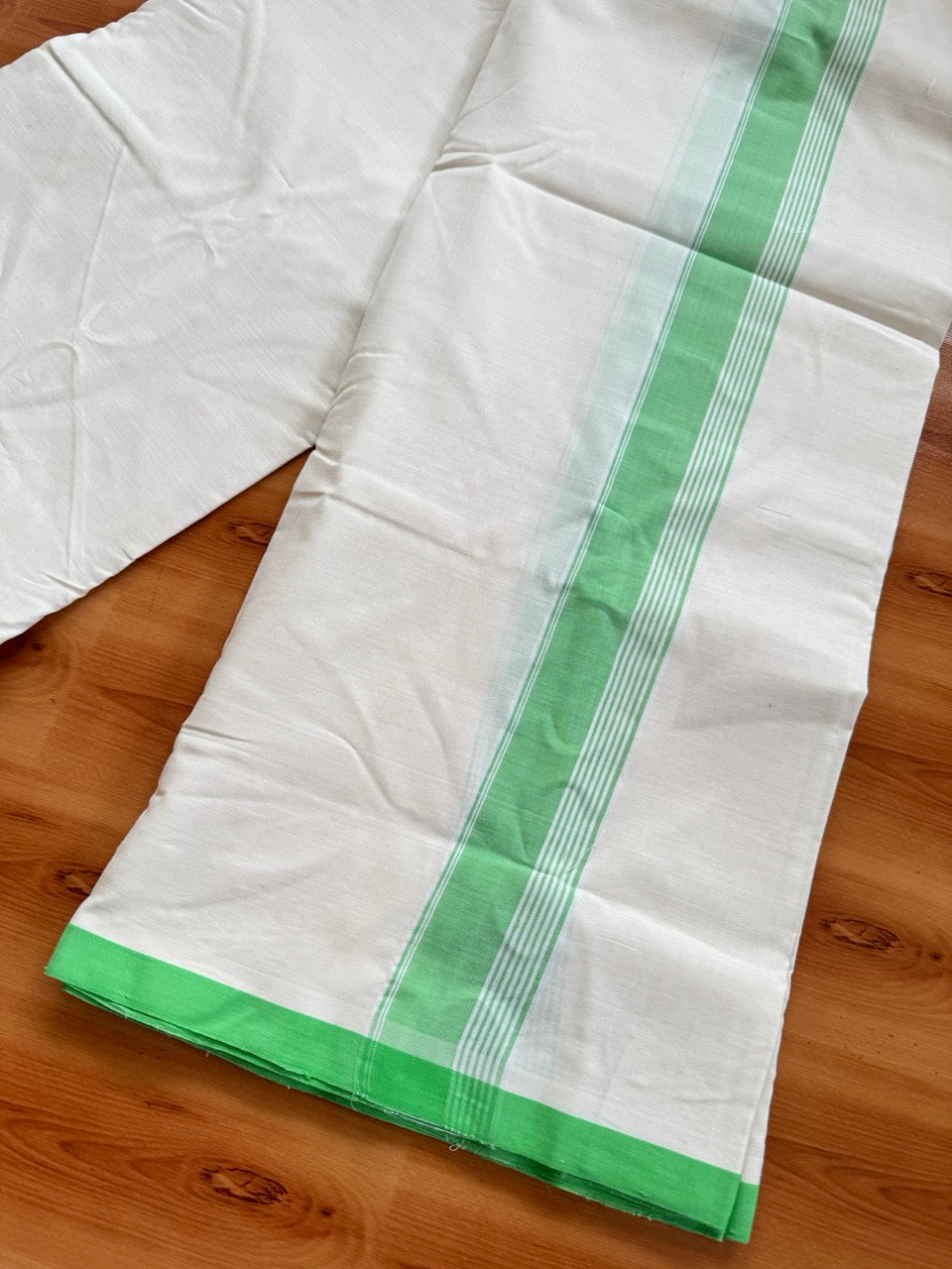 Double Off white -(2/ 120 x 120)- Kerala Handloom - Signature Kaitharikada - 100% Pure Cotton Unakkuppav Thread - Kerala Mundu / Dhoti - 1.75 inch Parrot Green Kara - 6 KK5492 KAL