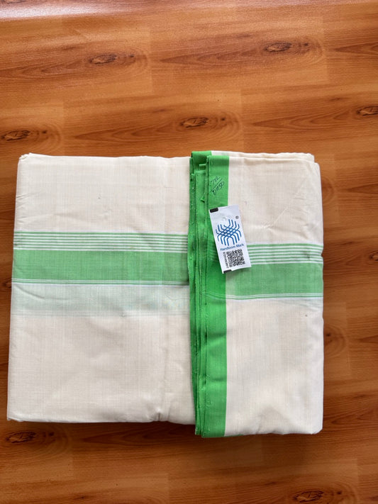 Double Off white -(2/ 120 x 120)- Kerala Handloom - Signature Kaitharikada - 100% Pure Cotton Unakkuppav Thread - Kerala Mundu / Dhoti - 1.75 inch Parrot Green Kara - 6 KK5492 KAL