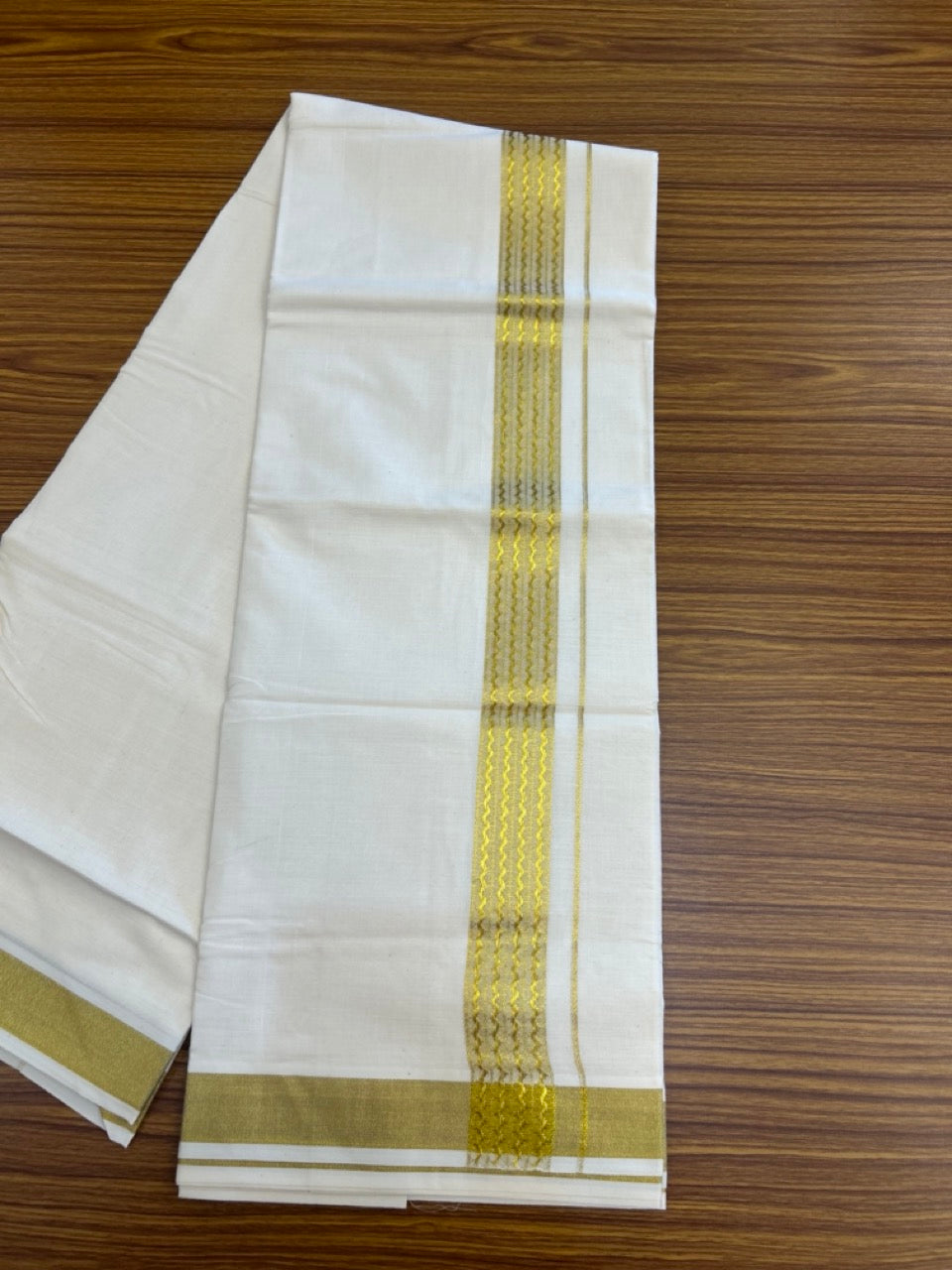 KaithariKada Balaramapuram Pure Cotton DOUBLE OFF WHITE - (Ubleached) Mundu/Dhoti - 60s - 1.5 inch Gold Kasav Jacquard Design Kara 4 mtr (8.5 muzham) - 10 KK5281 GAN