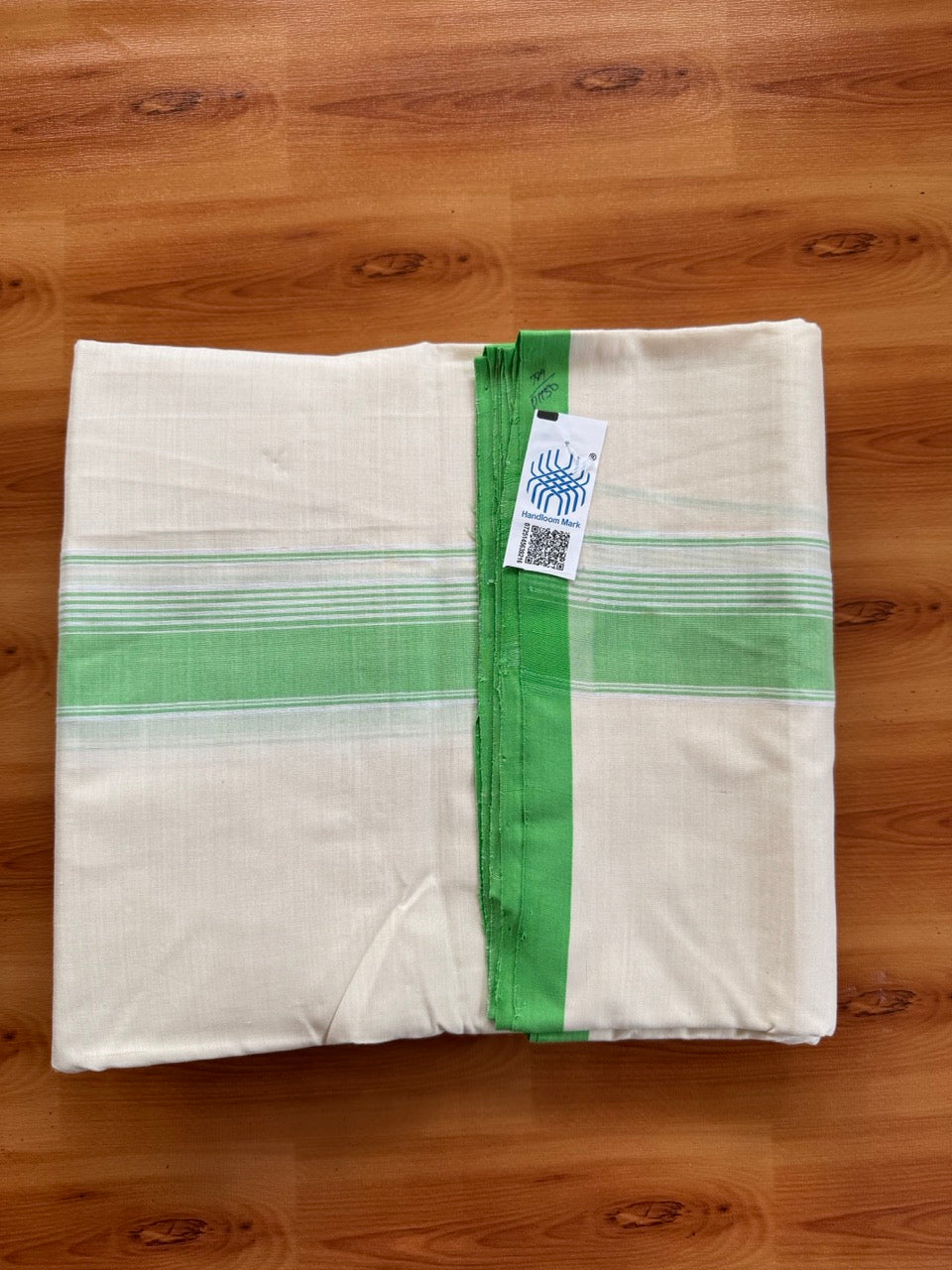 Double Off white -(2/ 120 x 120)- Kerala Handloom - Signature Kaitharikada - 100% Pure Cotton Unakkuppav Thread - Kerala Mundu / Dhoti - 1.5 inch Parrot Green Kara - 7 KK5492 KAL