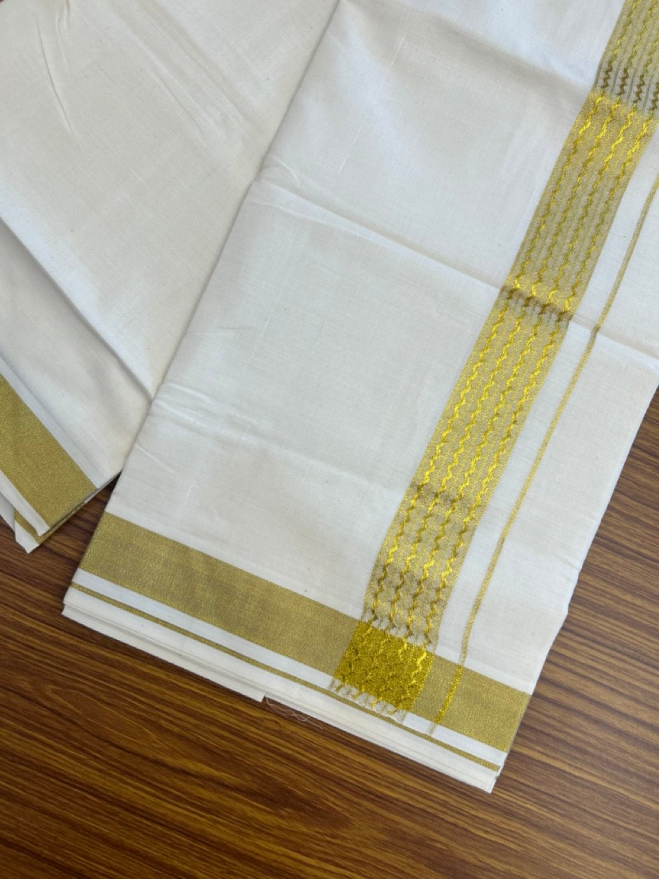 KaithariKada Balaramapuram Pure Cotton DOUBLE OFF WHITE - (Ubleached) Mundu/Dhoti - 60s - 1.5 inch Gold Kasav Jacquard Design Kara 4 mtr (8.5 muzham) - 10 KK5281 GAN