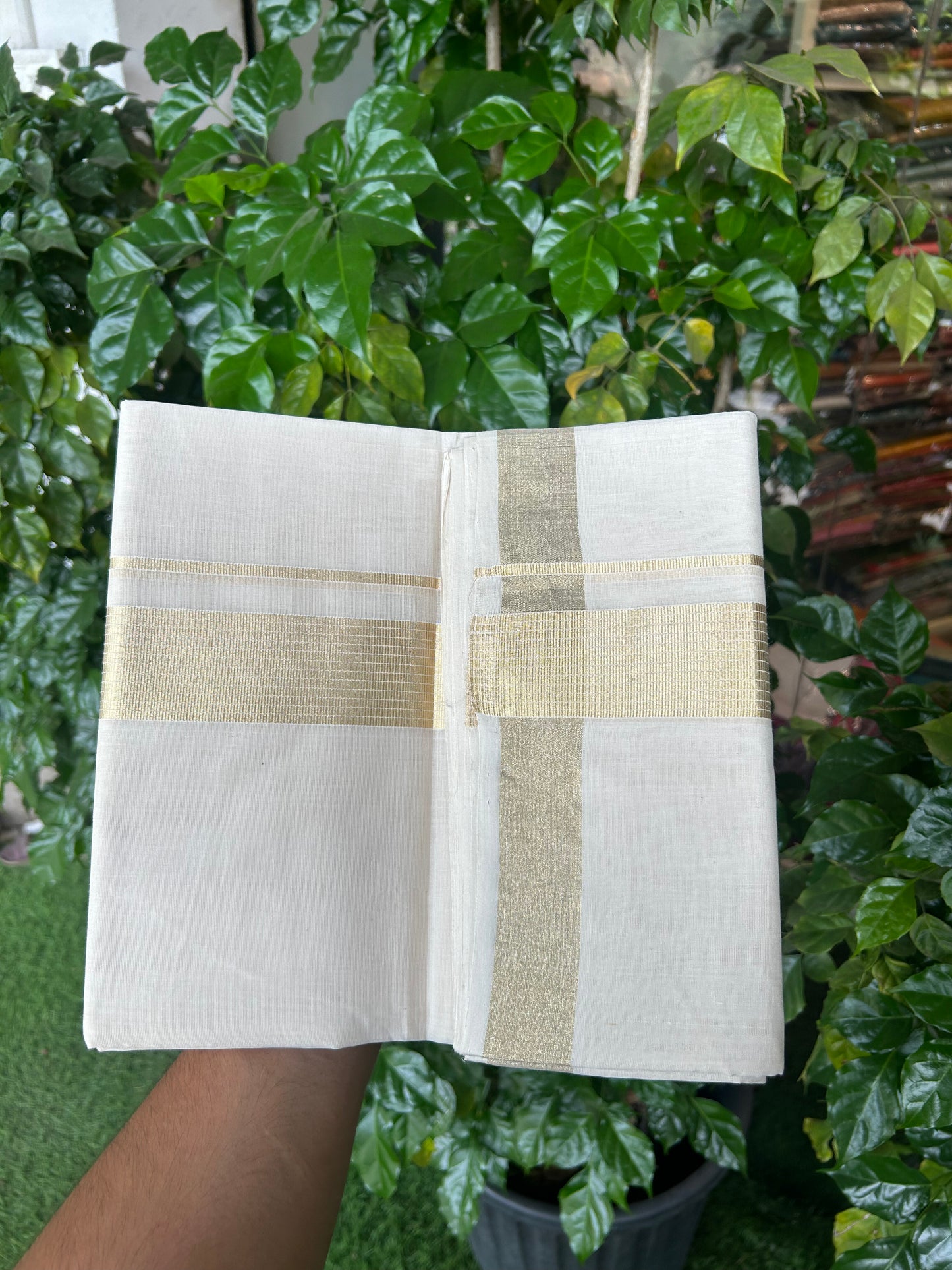 25% Discount ! KaithariKada Handloom Unakkupaav Kerala Handloom - 100% Pure Cotton Off White (Unbleached) Double Mundu/Dhoti - 100x80 - 1.75 Inch Light Gold Stripes Kara 4 mtr (8.5 muzham)- 20 KK5352 ABH