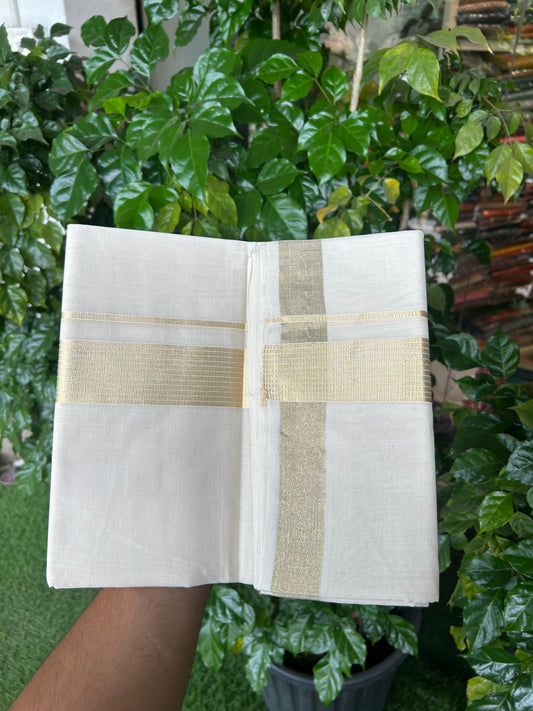 25% Discount ! KaithariKada Handloom Unakkupaav Kerala Handloom - 100% Pure Cotton Off White (Unbleached) Double Mundu/Dhoti - 100x80 - 1.75 Inch Light Gold Stripes Kara 4 mtr (8.5 muzham)- 20 KK5352 ABH