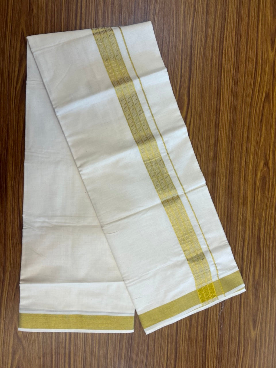 KaithariKada Balaramapuram Pure Cotton DOUBLE OFF WHITE - (Ubleached) Mundu/Dhoti - 60s - 1.5 inch Gold Kasav Jacquard Design Kara 4 mtr (8.5 muzham) - 11 KK5281 GAN