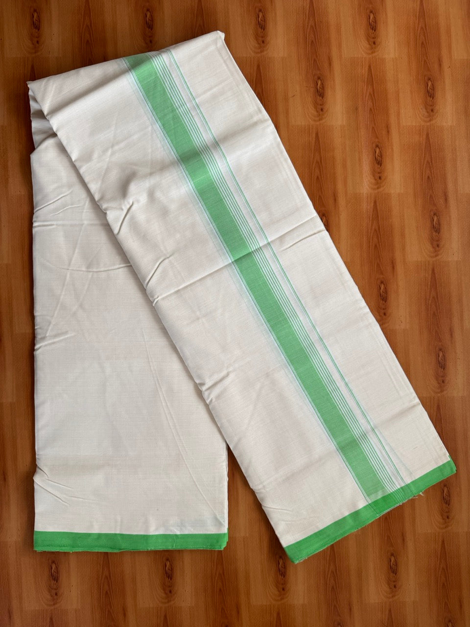 Double Off white -(2/ 120 x 120)- Kerala Handloom - Signature Kaitharikada - 100% Pure Cotton Unakkuppav Thread - Kerala Mundu / Dhoti - 1.5 inch Parrot Green Kara - 7 KK5492 KAL