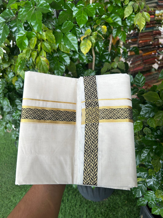 25% Discount ! KaithariKada Handloom Unakkupaav Kerala Handloom - 100% Pure Cotton Off White (Unbleached) Double Mundu/Dhoti - 100x80 - 1.5 Inch Gold kasav & Black Jaquard Design Kara 4 mtr (8.5 muzham) - 22 KK5352 ABH
