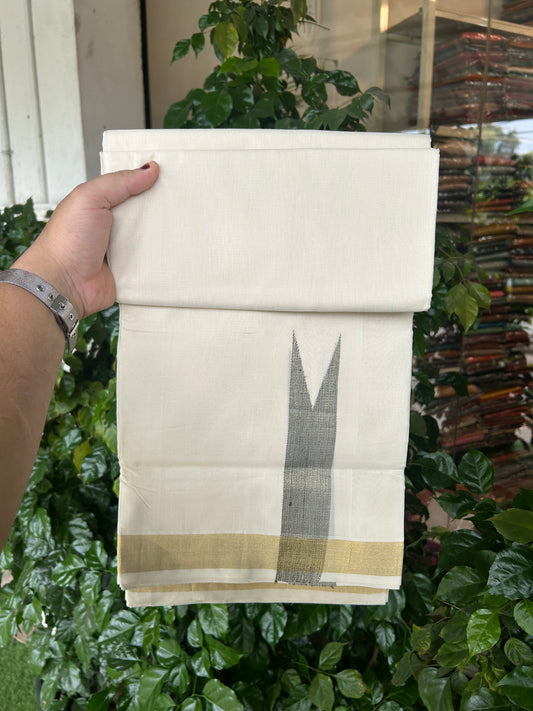 25% Discount ! KaithariKada Handloom Unakkupaav Kerala Handloom - 100% Pure Cotton Off White - (Unbleached) Double Mundu/Dhoti - 100x80 - 1.75 Inch Gold Kasav & Black Big Chutty kara 4 mtr( 8.5 muzham) - 27 KK5352 ABH