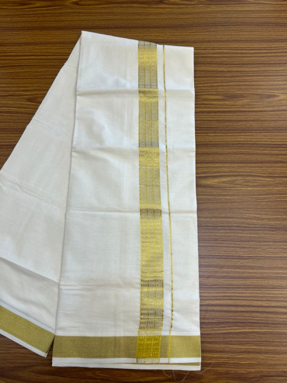 KaithariKada Balaramapuram Pure Cotton DOUBLE OFF WHITE - (Ubleached) Mundu/Dhoti - 60s - 1.5 inch Gold Kasav Jacquard Design Kara 4 mtr (8.5 muzham) - 11 KK5281 GAN