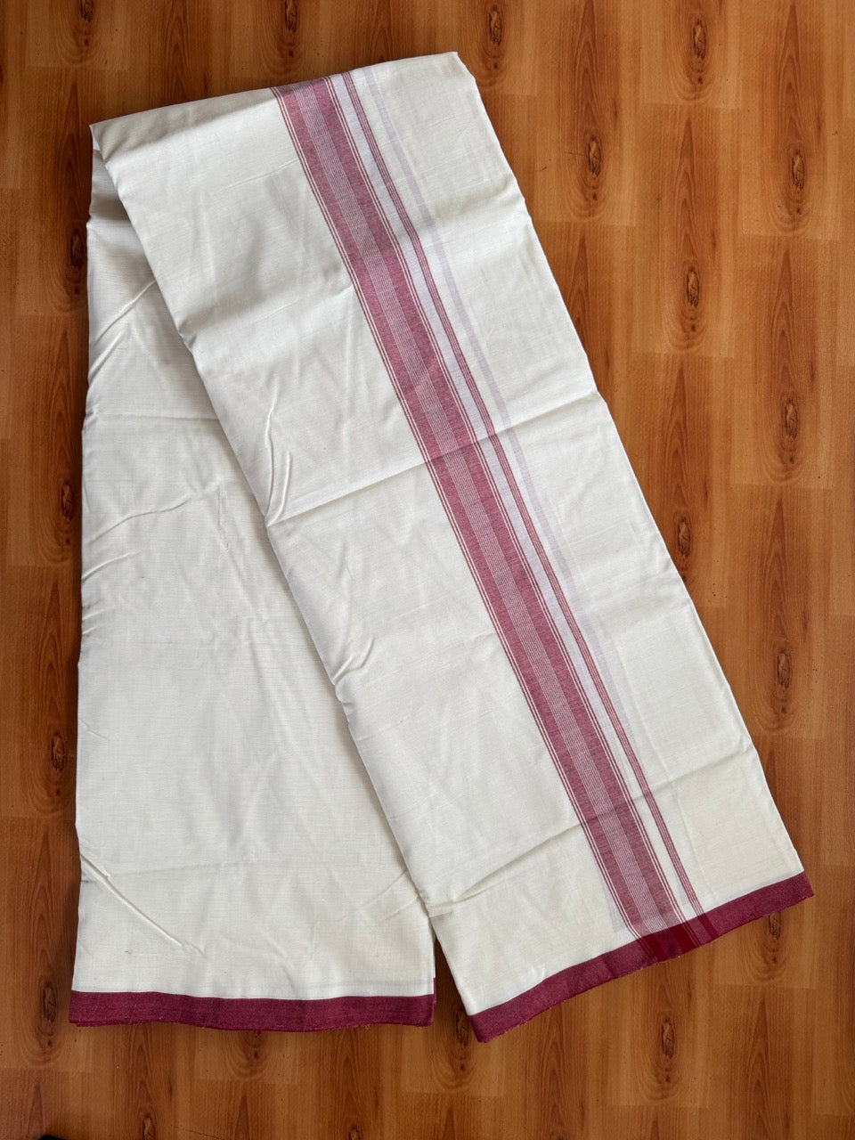 Double Off white -(2/ 120 x 120)- Kerala Handloom - Signature Kaitharikada - 100% Pure Cotton Unakkuppav Thread - Kerala Mundu / Dhoti - 1.5 inch Maroon Kara - 8 KK5492 KAL