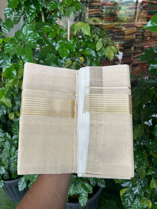 25% Discount ! KaithariKada Handloom Unakkupaav Kerala Handloom - Pure Cotton Off White - (Unbleached) Double Mundu/Dhoti - (100X80) - 1.75 inch Stipes Light Gold Kasavu Tissue Body 4 mtr (8.5 Muzham) - 33 KK5352 ABH