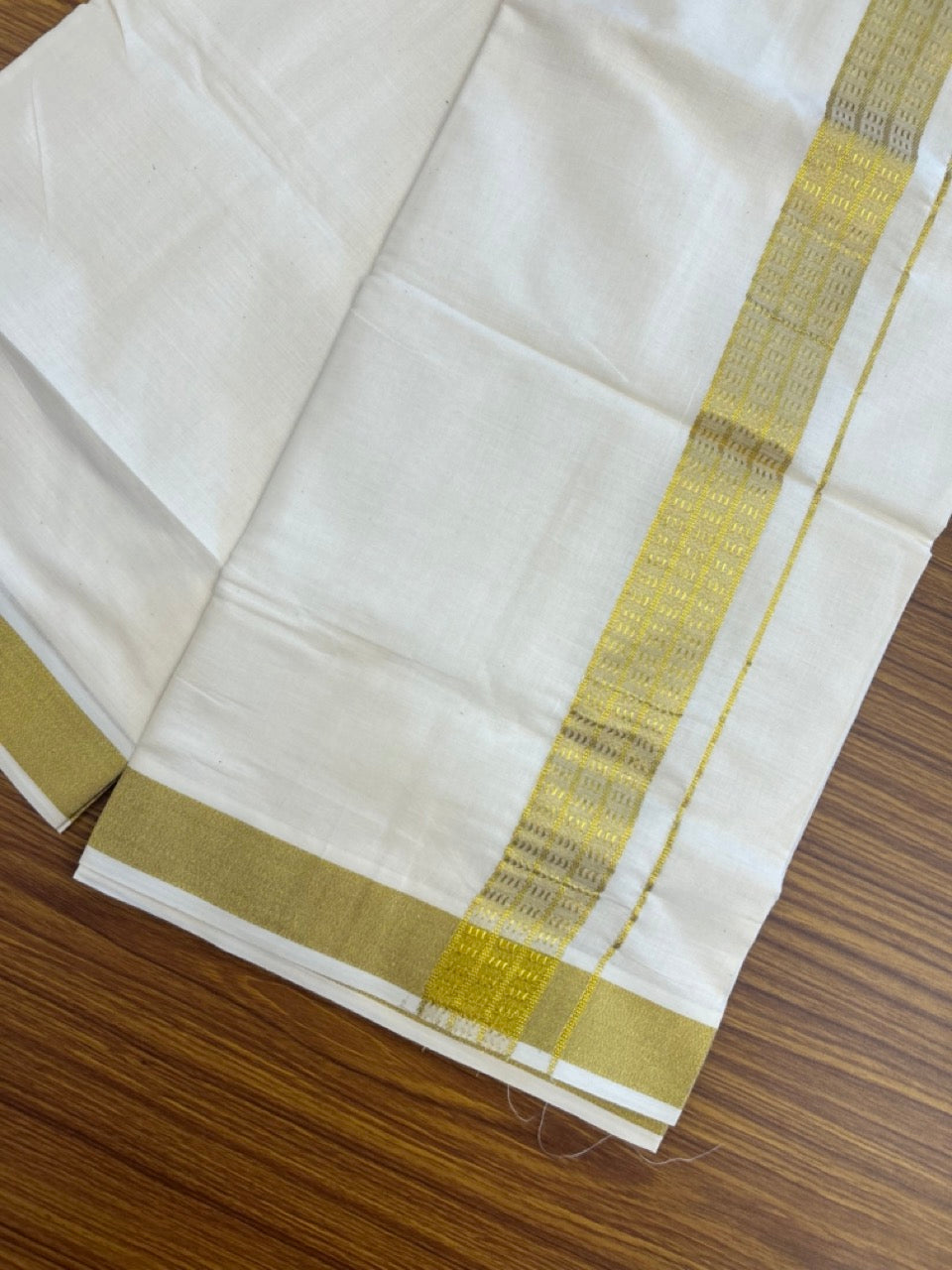 KaithariKada Balaramapuram Pure Cotton DOUBLE OFF WHITE - (Ubleached) Mundu/Dhoti - 60s - 1.5 inch Gold Kasav Jacquard Design Kara 4 mtr (8.5 muzham) - 11 KK5281 GAN