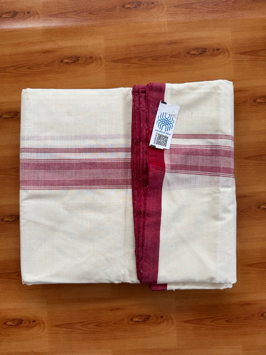 Double Off white -(2/ 120 x 120)- Kerala Handloom - Signature Kaitharikada - 100% Pure Cotton Unakkuppav Thread - Kerala Mundu / Dhoti - 1.5 inch Maroon Kara - 8 KK5492 KAL