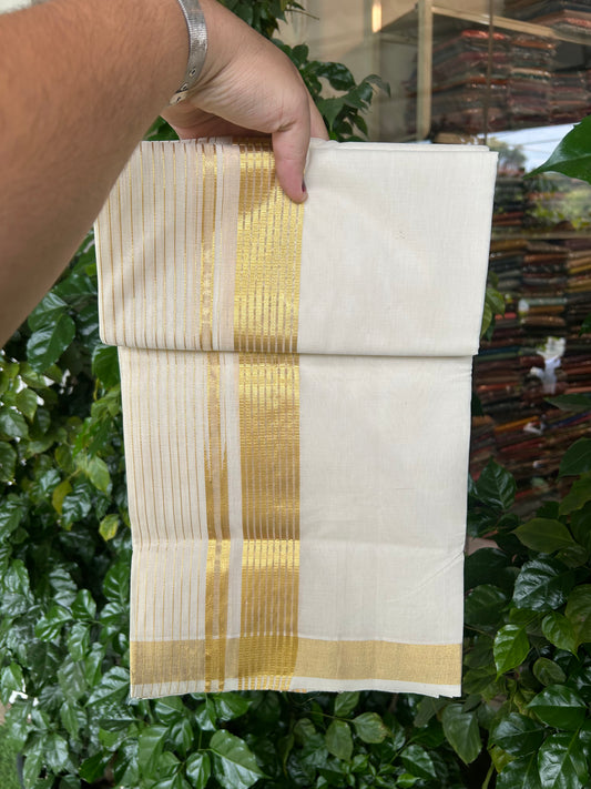 25% Discount ! KaithariKada Handloom Unakkupaav Kerala Handloom - 100% Pure Cotton Off White (Unbleached) Double Mundu/Dhoti - 100x80 - 7 Inch Gold kasav Side Stripes Chutty Kara 4 mtr (8.5 muzham) - 26 KK5352 ABH